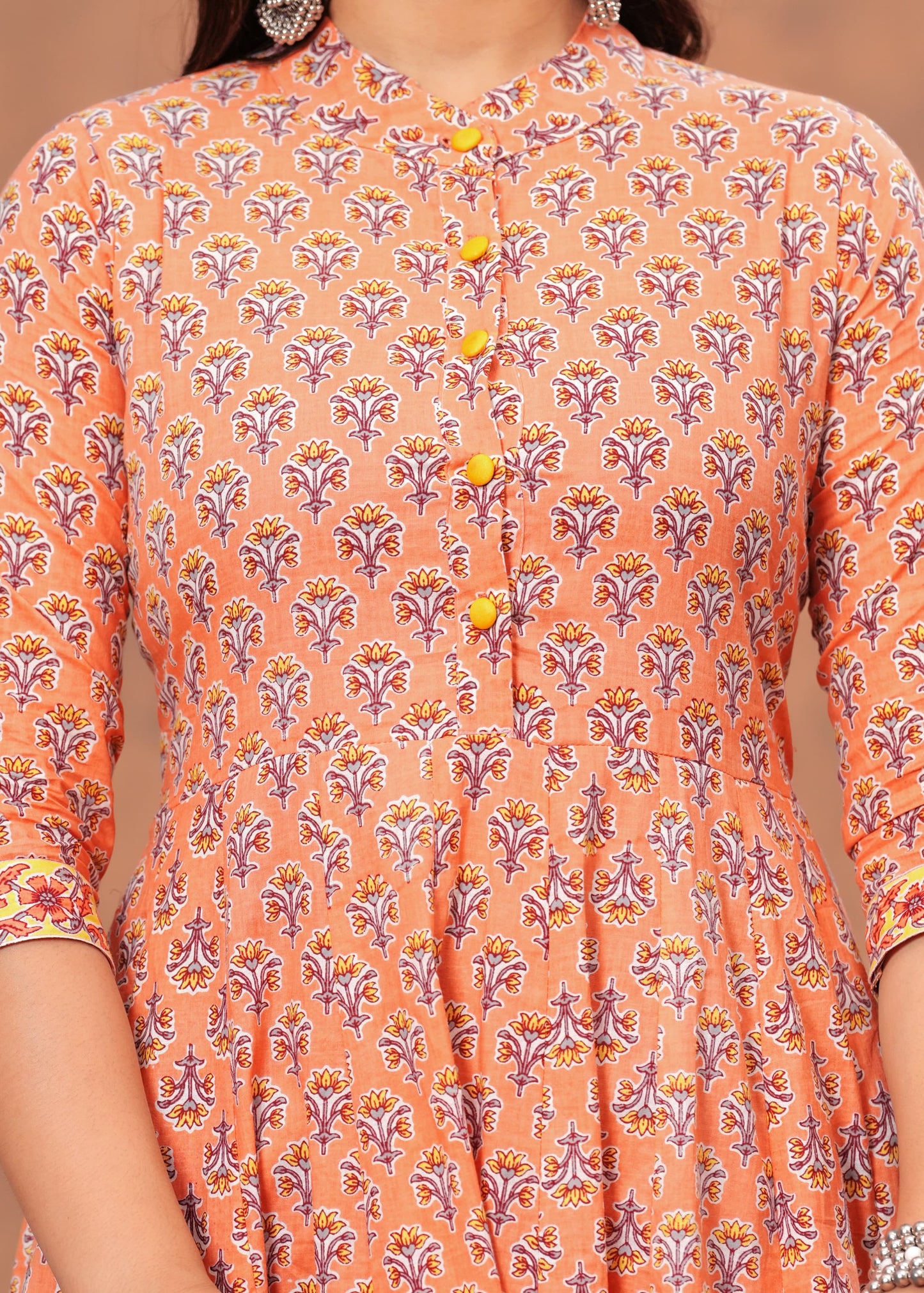 Peach Floral Cotton Anarkali Suit Set with Striped Dupatta