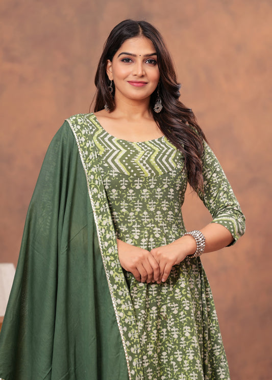 Olive Green Cotton Anarkali Kurti Set with Chevron & Floral Print
