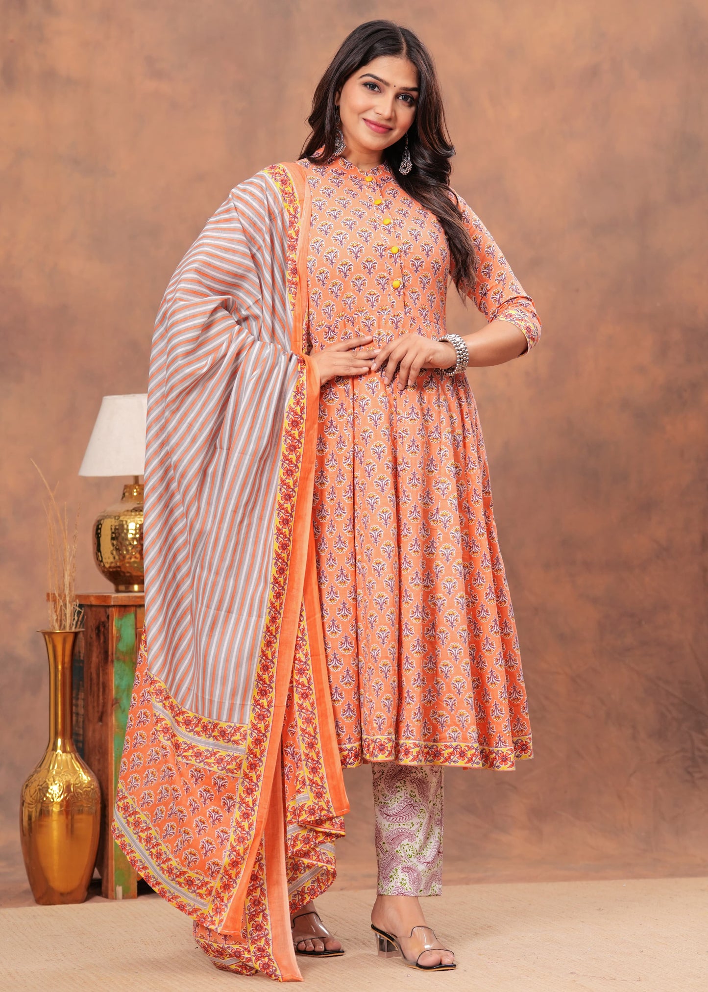 Peach Floral Cotton Anarkali Suit Set with Striped Dupatta