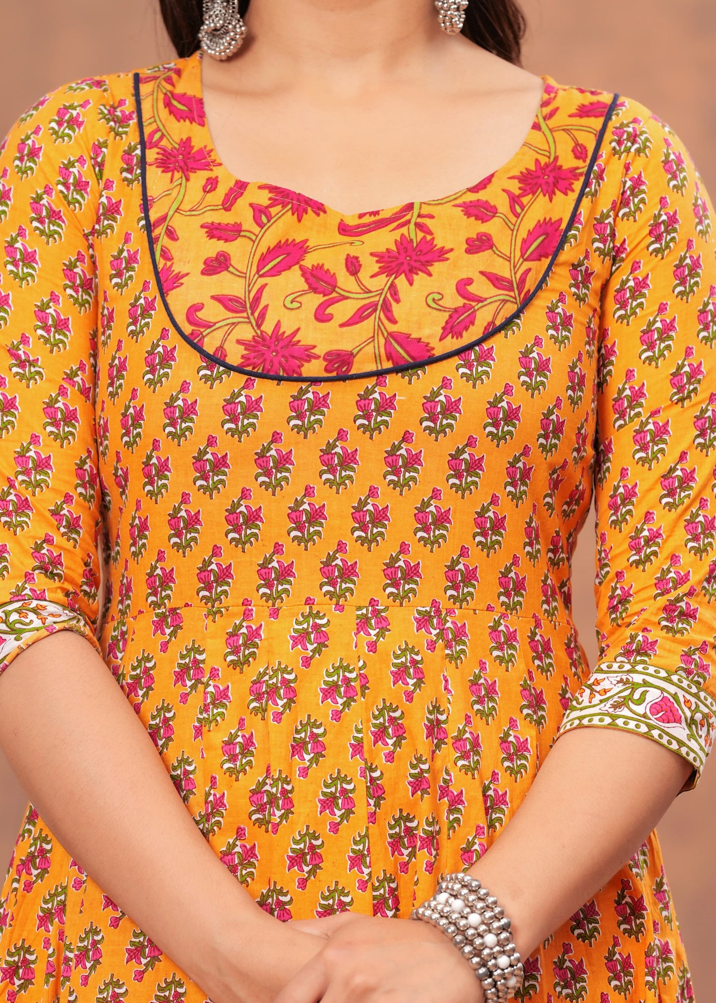 Orange Pink Bagru Print Cotton Anarkali Kurti Set with Dupatta