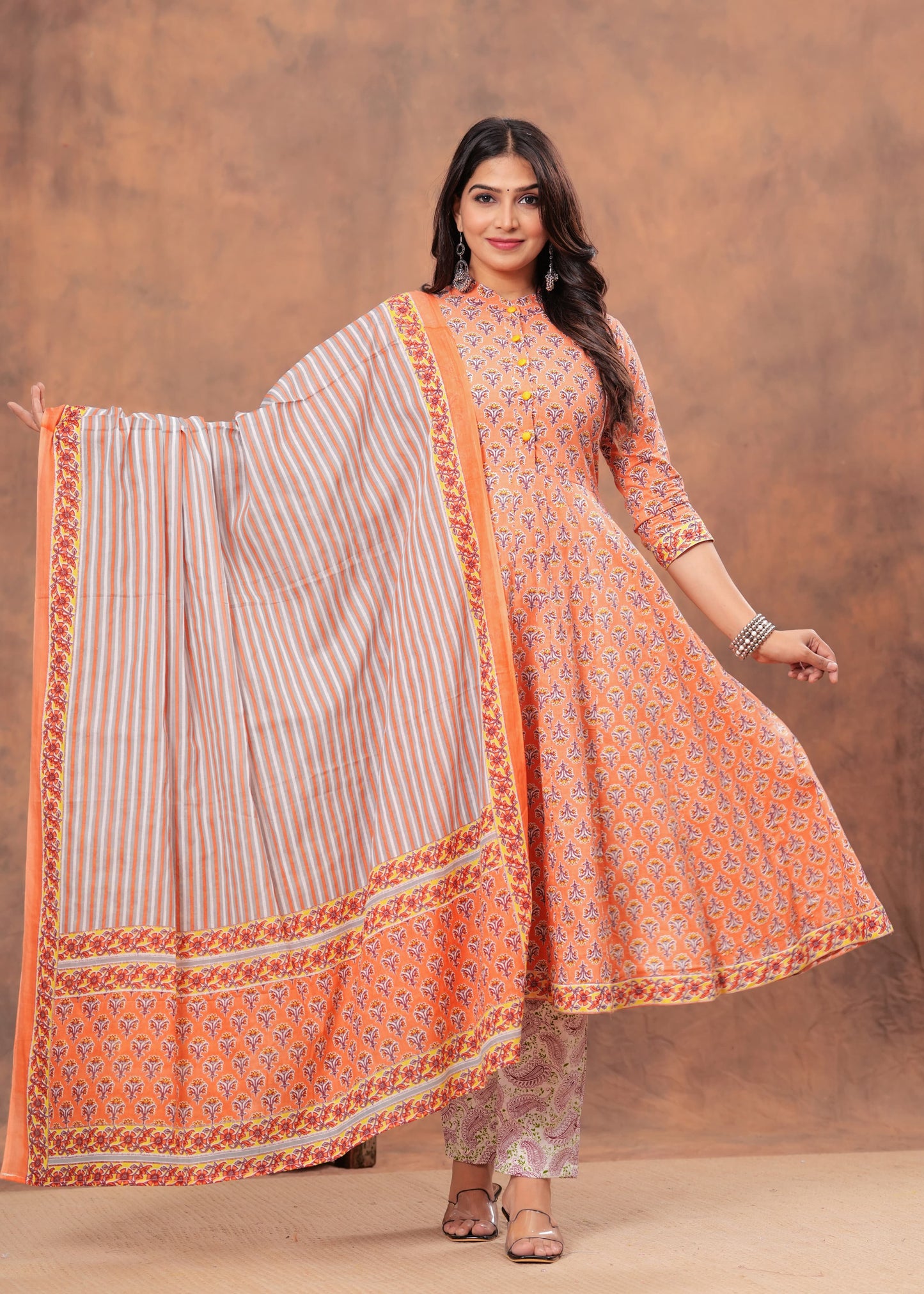 Peach Floral Cotton Anarkali Suit Set with Striped Dupatta