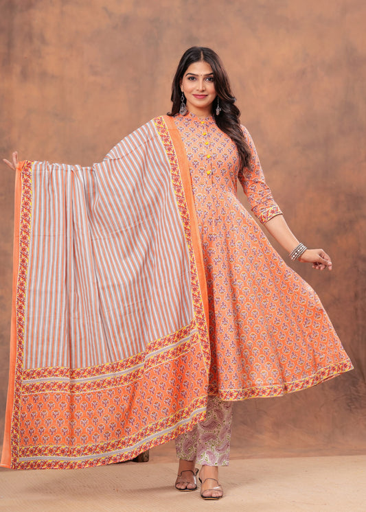 Peach Floral Cotton Anarkali Suit Set with Striped Dupatta