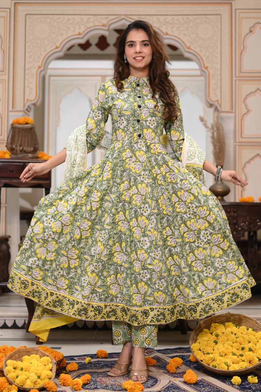Green & Yellow Floral Handblock Anarkali Set