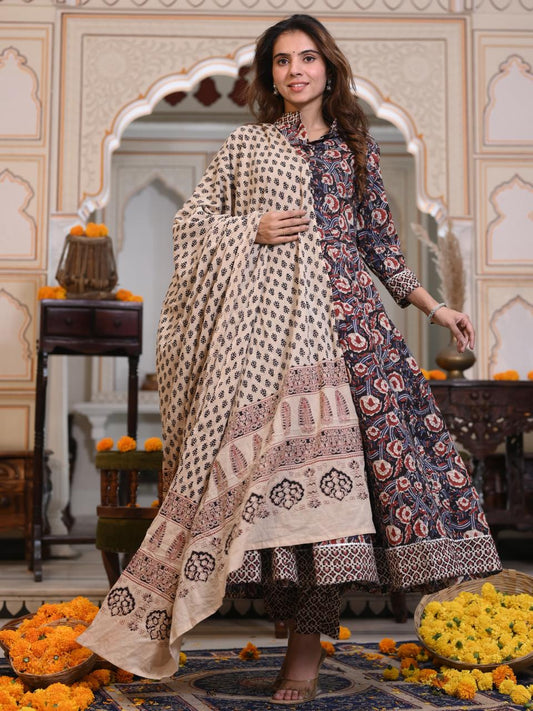 Navy & Beige Floral Handblock Anarkali Set