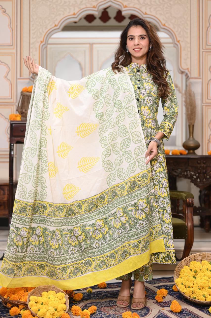 Green & Yellow Floral Handblock Anarkali Set