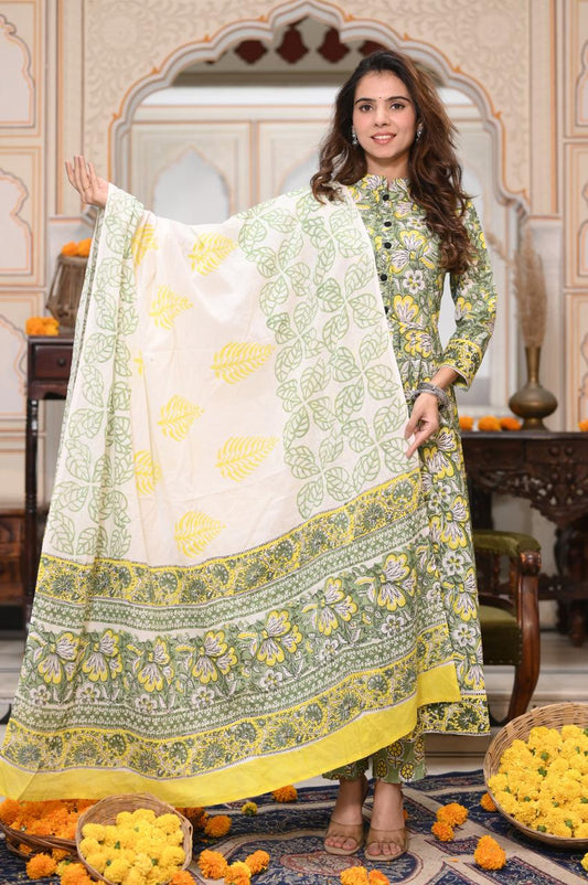 Green & Yellow Floral Handblock Anarkali Set