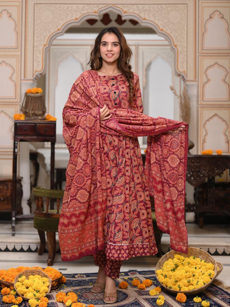 Maroon & Red Paisley Block Print Anarkali Kurta Set