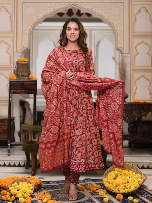 Maroon & Red Paisley Block Print Anarkali Kurta Set