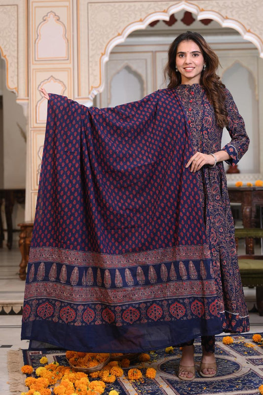 Navy Blue & Red Paisley Block Print Anarkali Kurta Set