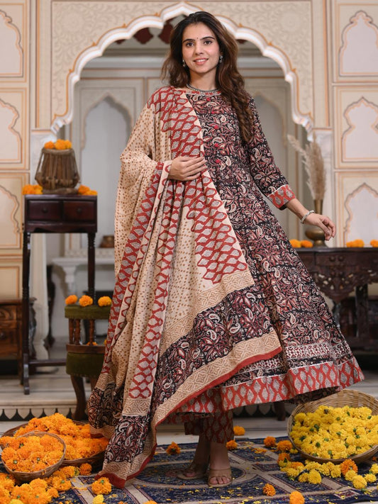 Rust & Black Handblock Anarkali Set with Dupatta