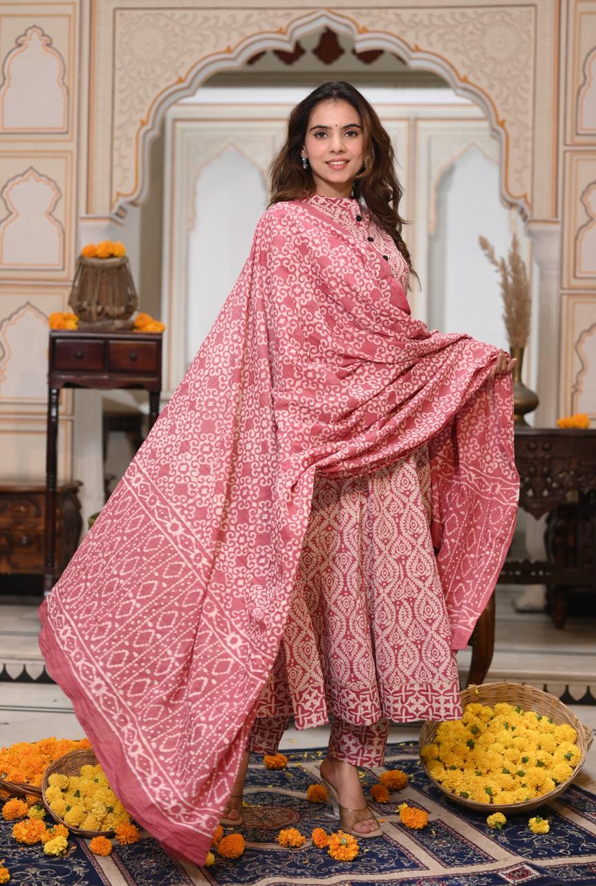 Soft Pink & White Geometric Block Print Anarkali Kurta Set