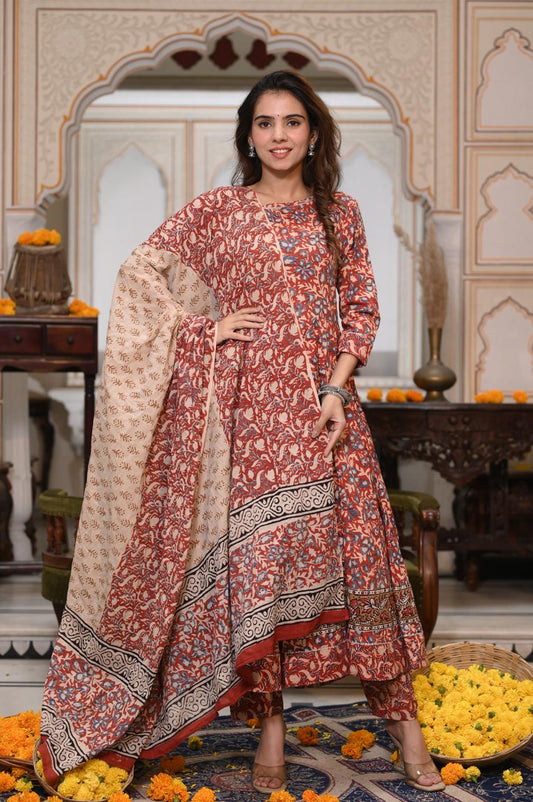 Red & Beige Floral Handblock Anarkali Set