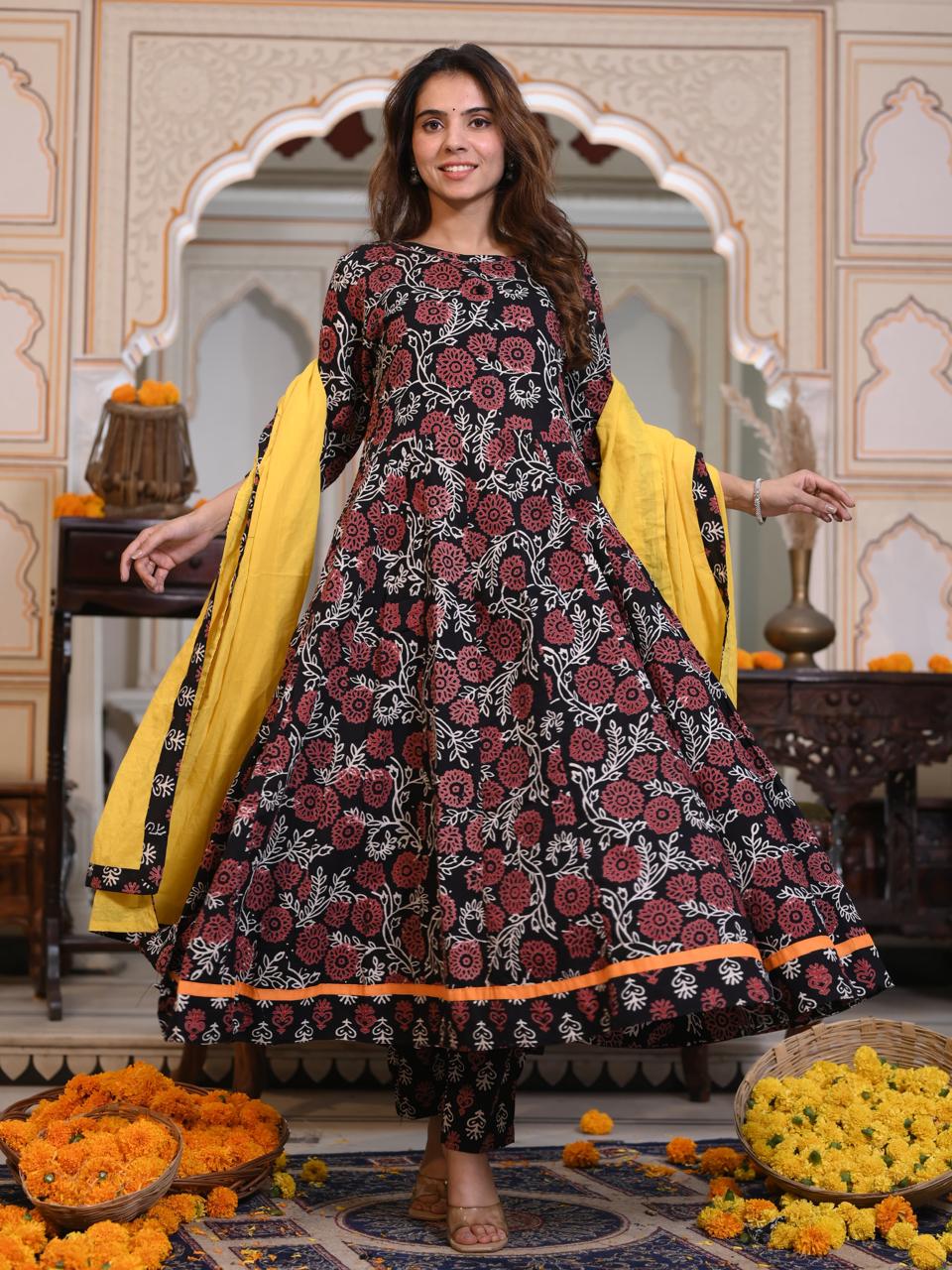 Black & Red Floral Block Print Anarkali Kurta Set with Yellow Dupatta