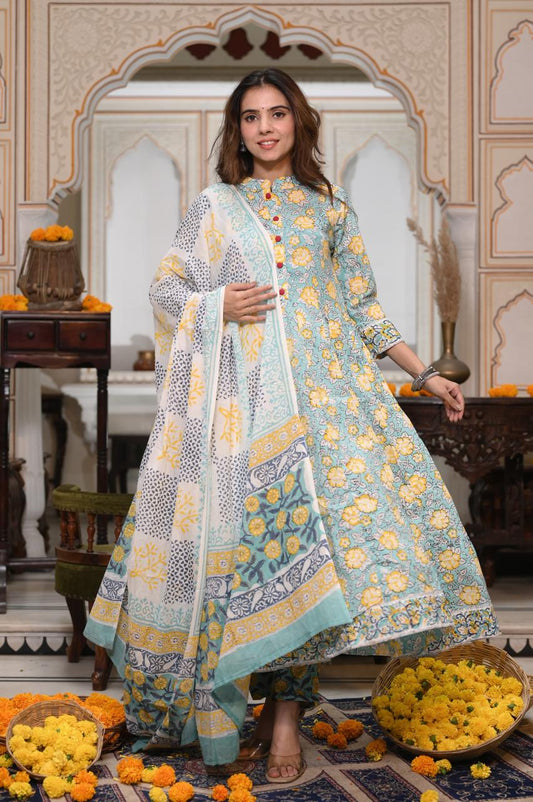 Sky Blue & Yellow Floral Block Print Anarkali Kurta Set