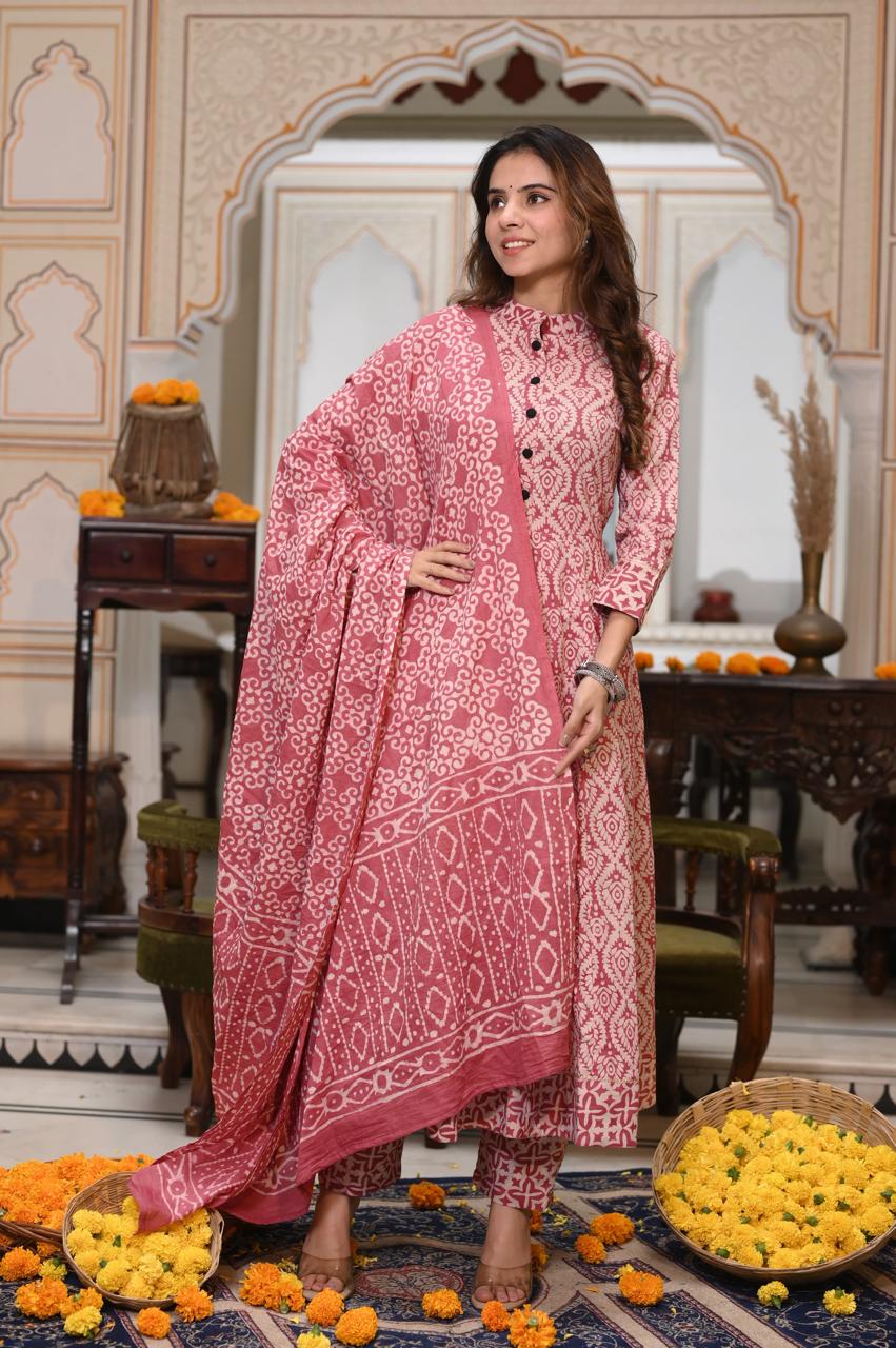 Soft Pink & White Geometric Block Print Anarkali Kurta Set