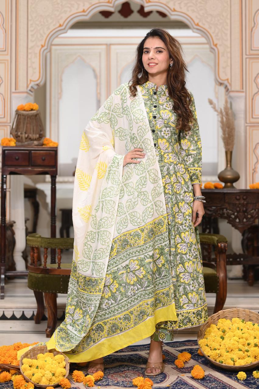 Green & Yellow Floral Handblock Anarkali Set