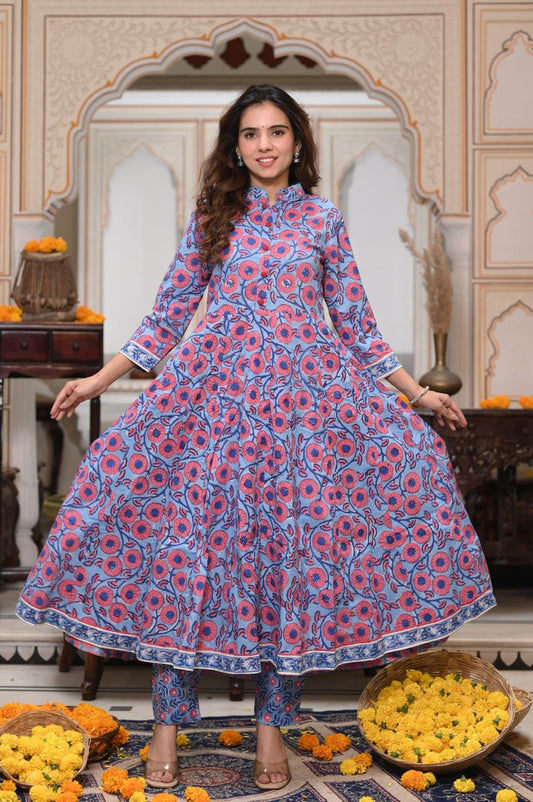 Powder Blue & Pink Floral Block Print Anarkali Kurta Set