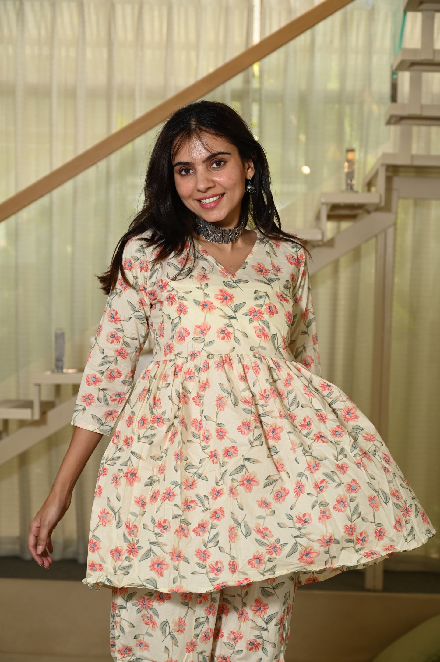 Off-White Floral Cotton Kurti Pant Set for Women