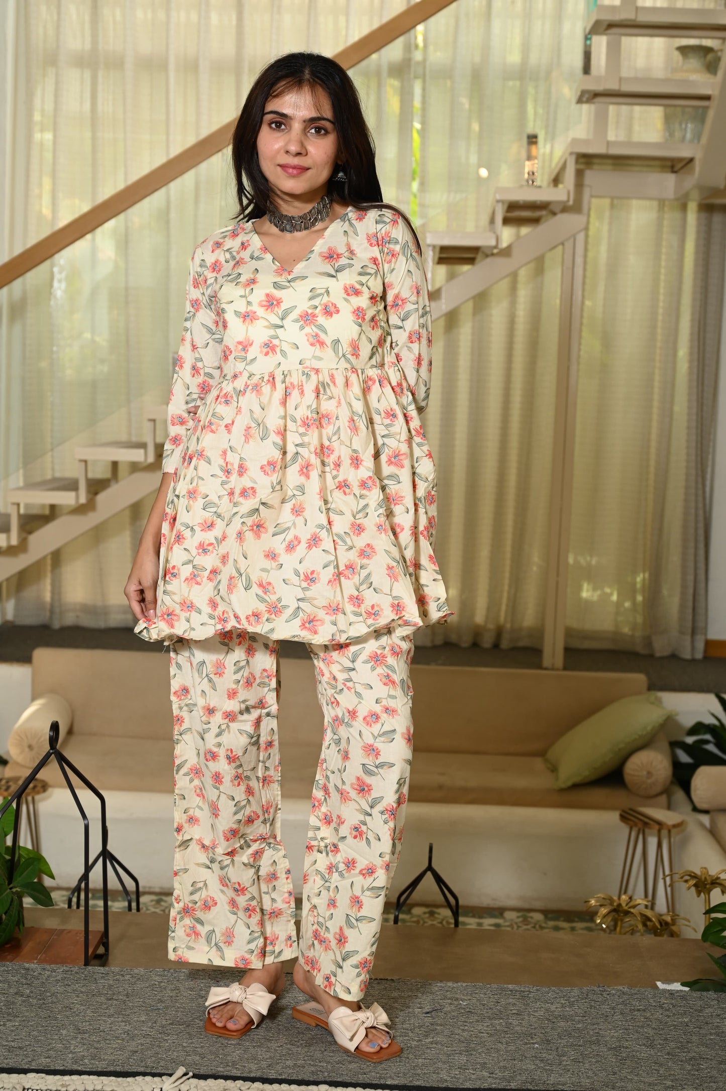 Off-White Floral Cotton Kurti Pant Set for Women