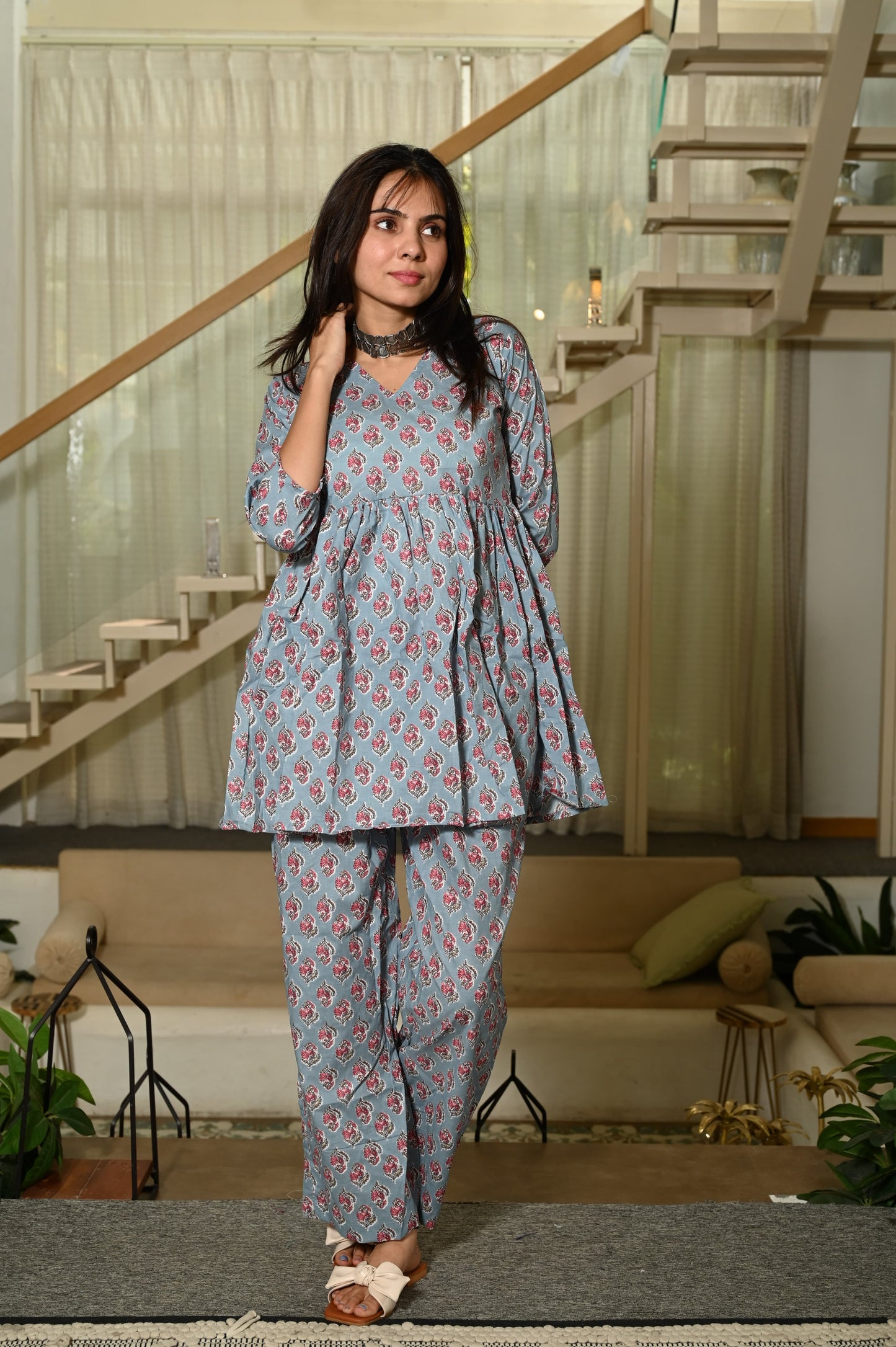 Sky Blue Floral Cotton Kurti Pant Set for Women