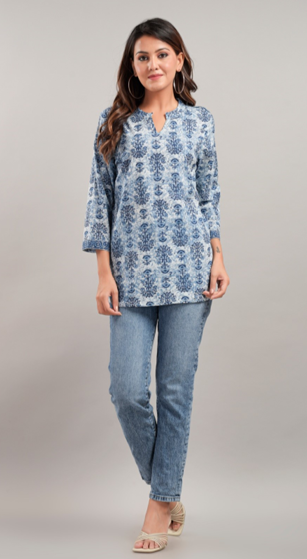 Women's Blue Pure Cotton Floral Printed Tunic Top with Notch Neck