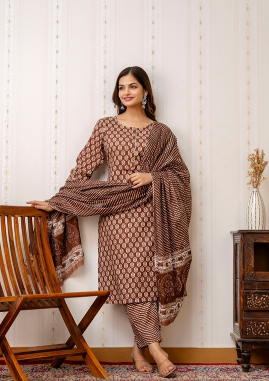 Women's Chocolate Brown Cotton Kurta Pant Dupatta Set