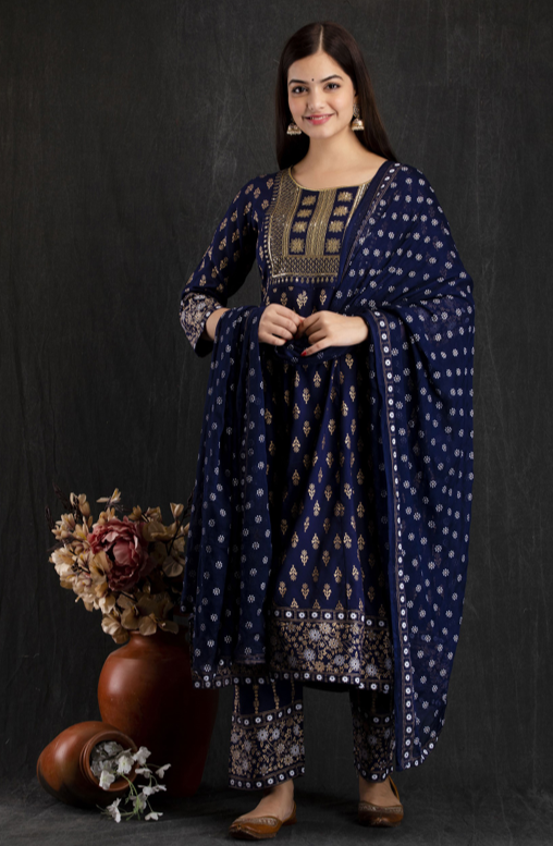 Dark Blue Rayon Embroidered Anarkali Kurta Set with Pant & Dupatta