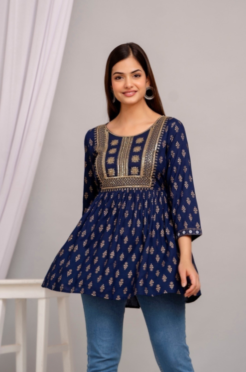 Dark Blue Embroidered Rayon Top for Women
