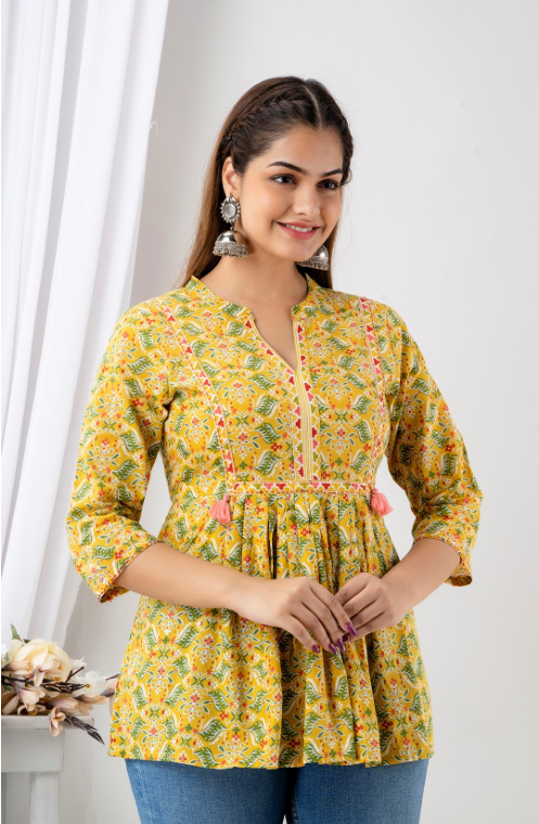 Women's Yellow Pure Cotton Printed Peplum Top with Handwork