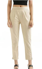 Beige Cotton Straight Pants for Women