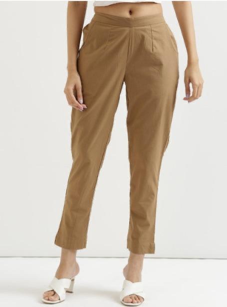 Camel Brown Cotton Tapered Pants for Women