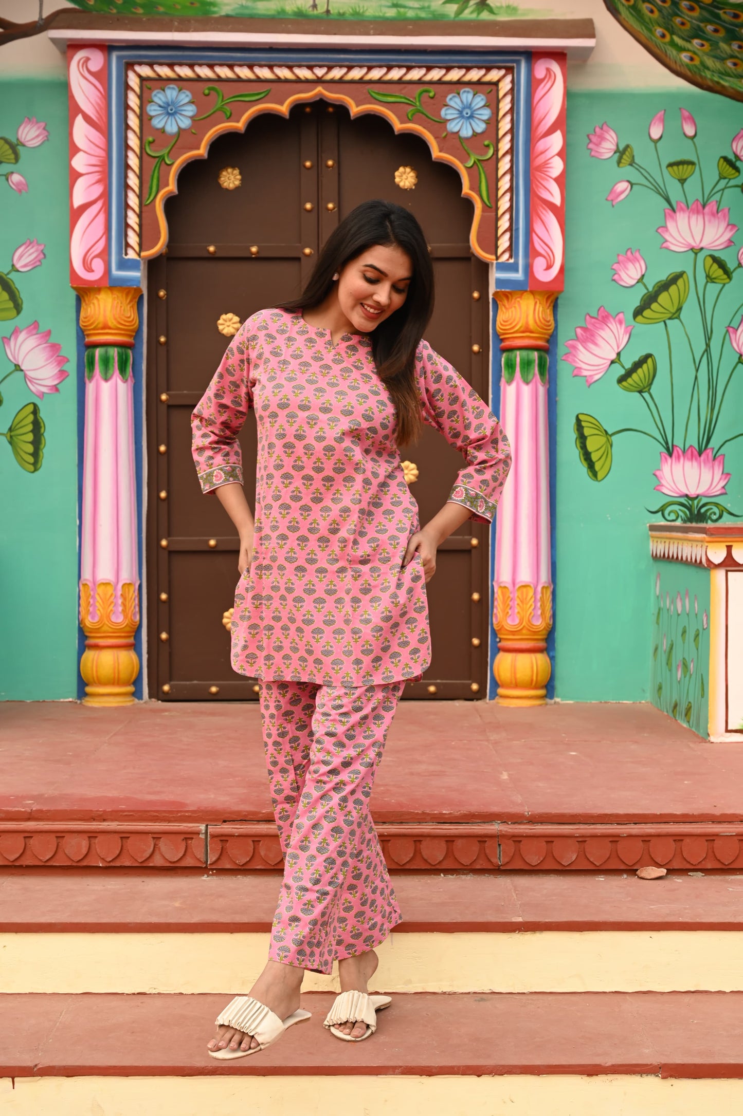 Pink Mughal Floral Straight Kurta Co-ord Set