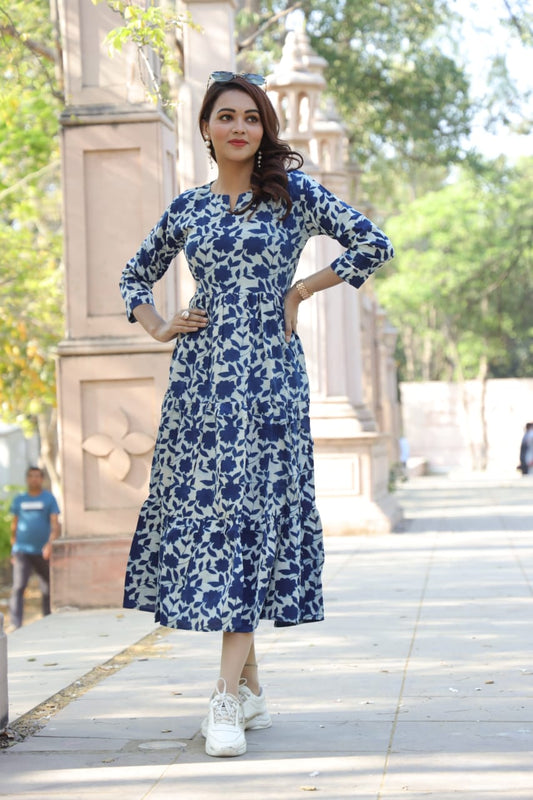 Floral Printed Blue Midi Dress