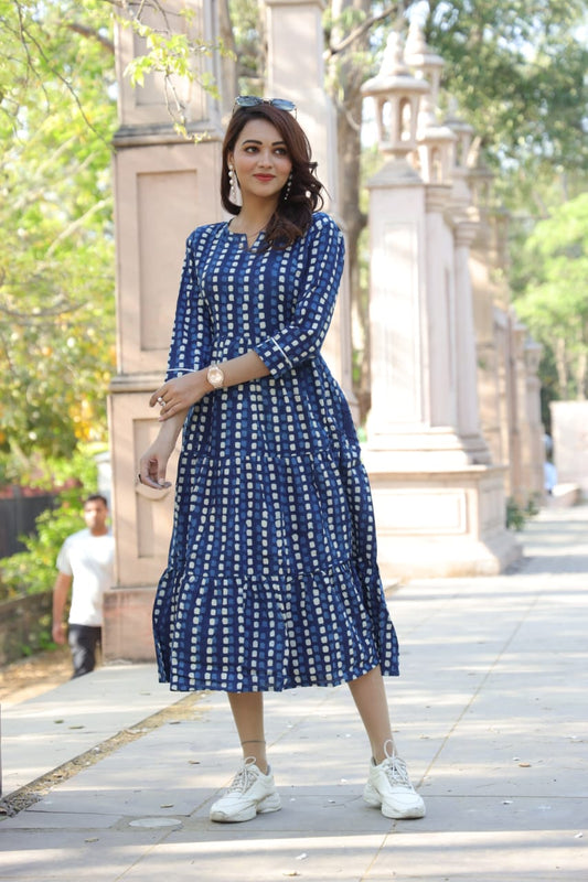 Indigo Block-Print Tiered Midi Dress