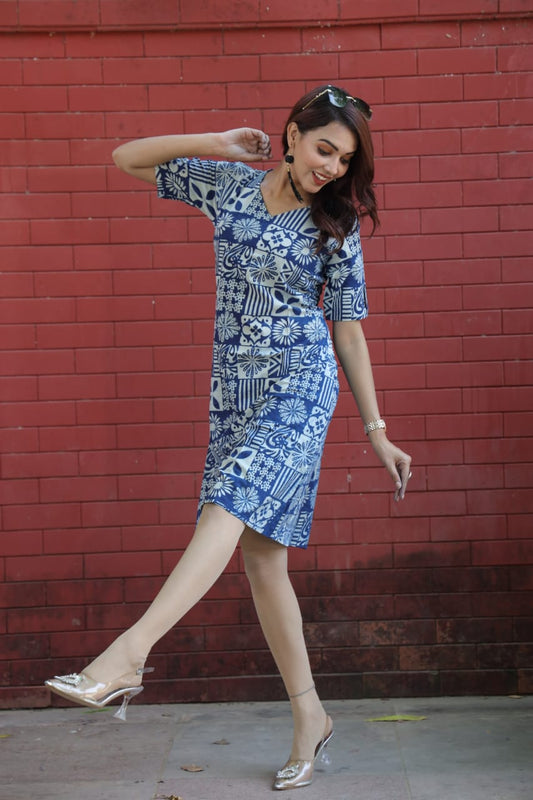 Blue Cotton Knee-Length Dress for Women