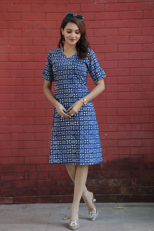 Indigo Handblock Printed Cotton Dress for Women