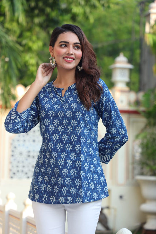 Indigo Blue Floral Handblock Cotton Kurti