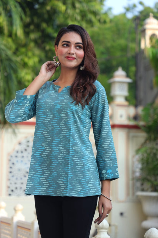 Aqua Blue Abstract Cotton Top