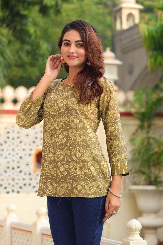 Olive Green Paisley Cotton Top