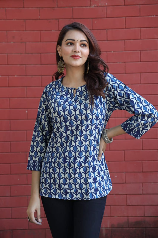 Blue and White Bagru Floral Cotton Kurti