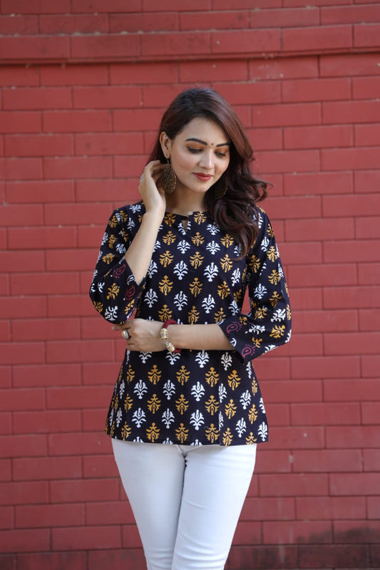 Black Mughal Motif Cotton Top