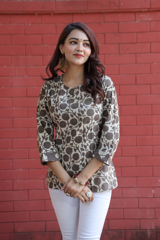 Brown Leaf Block Print Kurti – Timeless Cotton Comfort