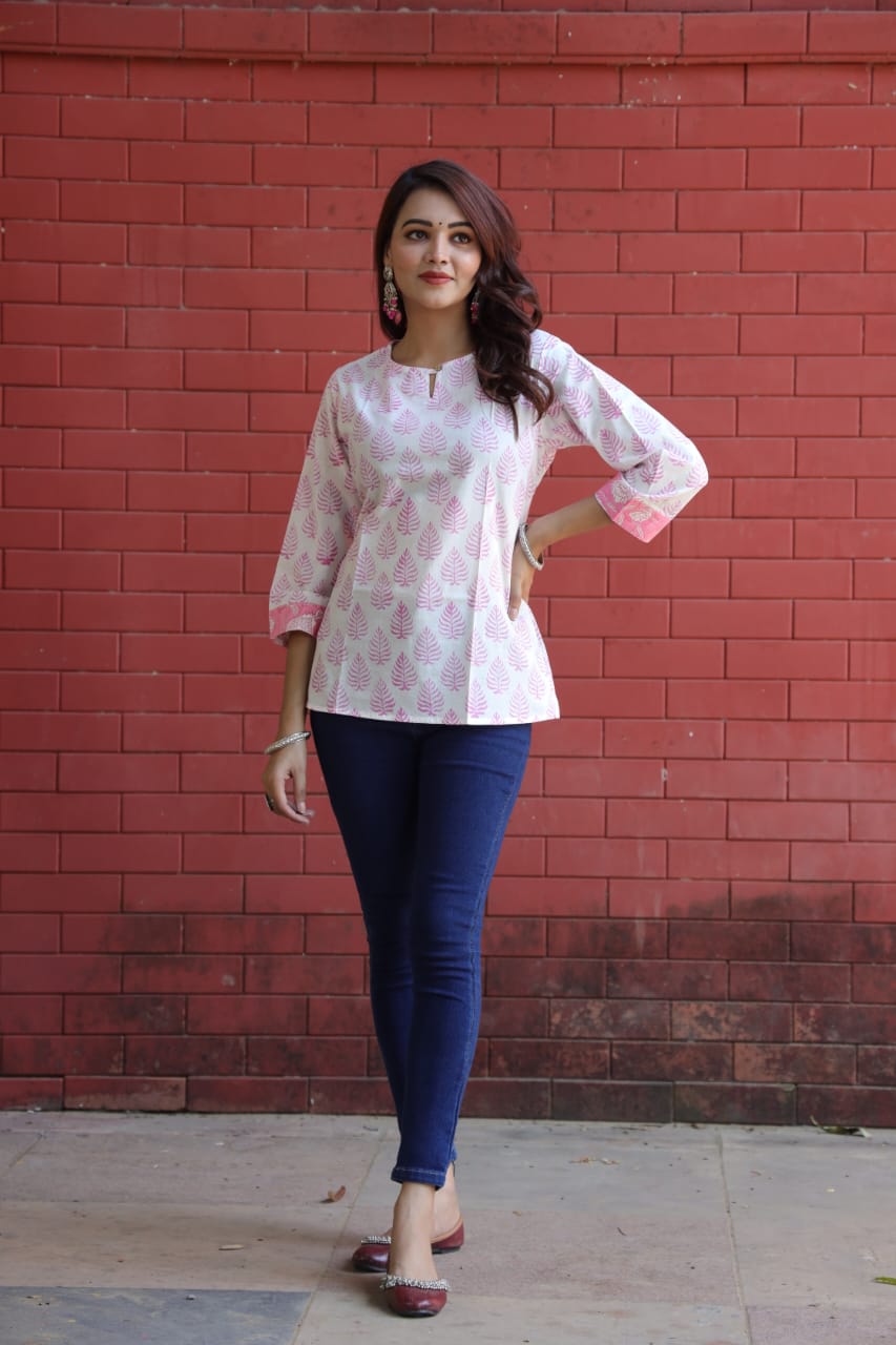 Pink Leaf Handblock Cotton Kurti