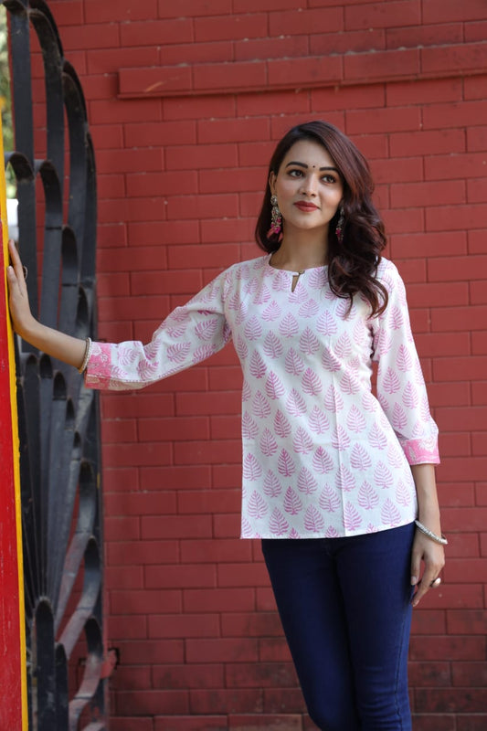 Pink Leaf Handblock Cotton Kurti