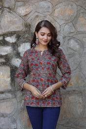Grey & Rust Leaf Bagru Print Kurti – Geometric Grace in Pure Cotton