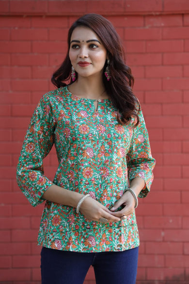 Forest Green Floral Bagru Print Kurti
