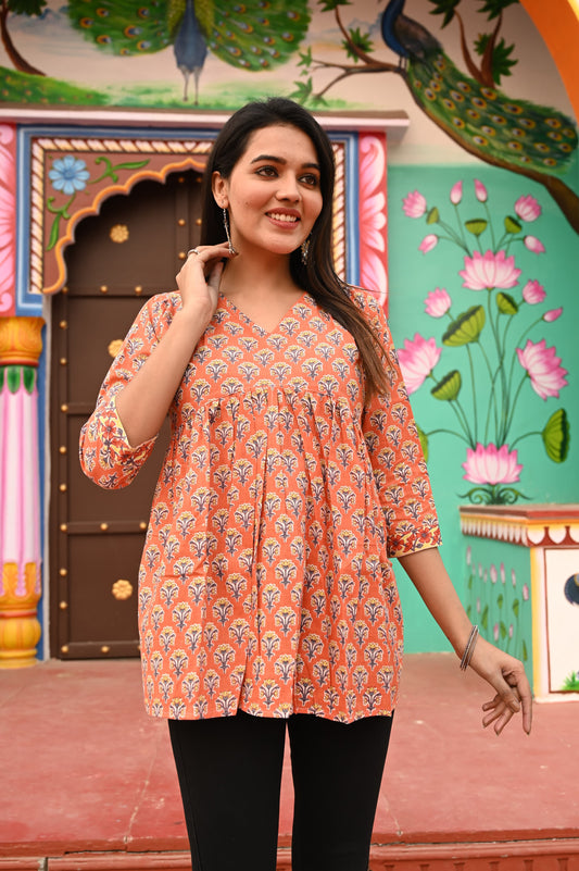 Peach Blossom – Handblock Cotton Peplum Kurti