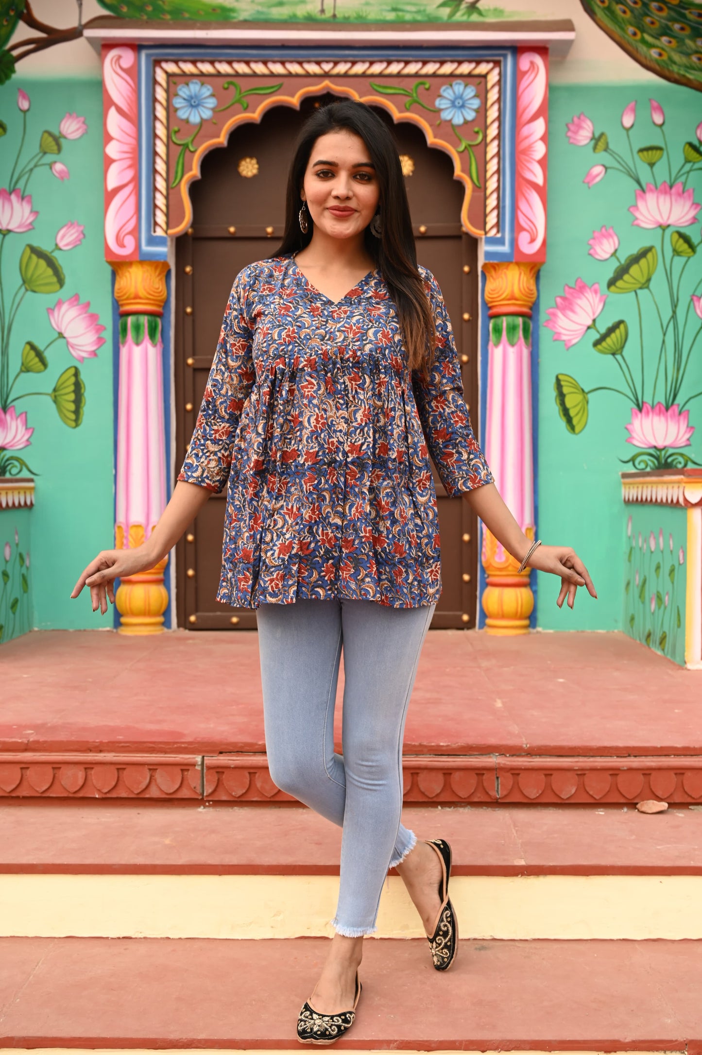 Women’s Blue Block Printed Cotton Peplum Top