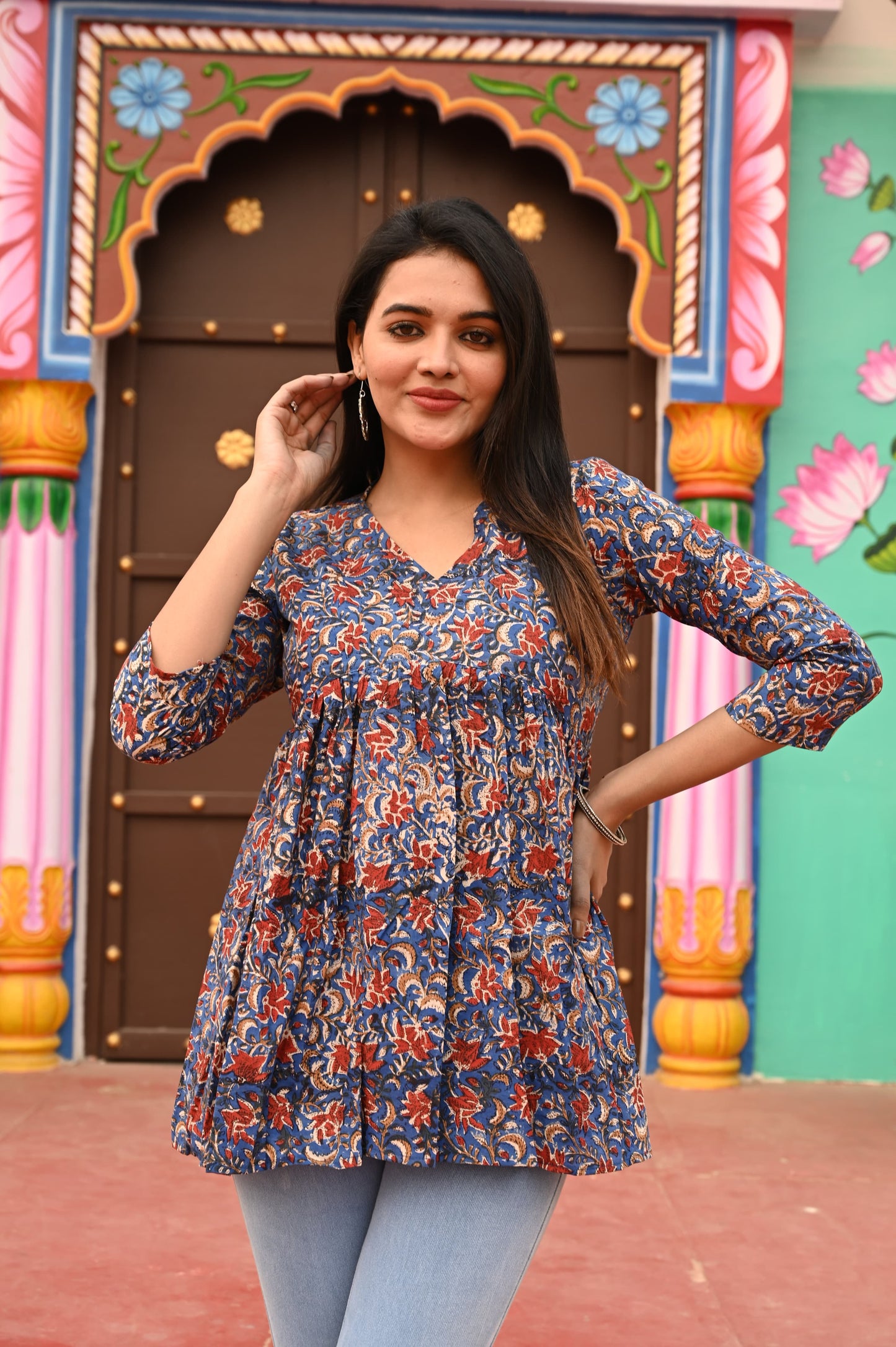 Women’s Blue Block Printed Cotton Peplum Top