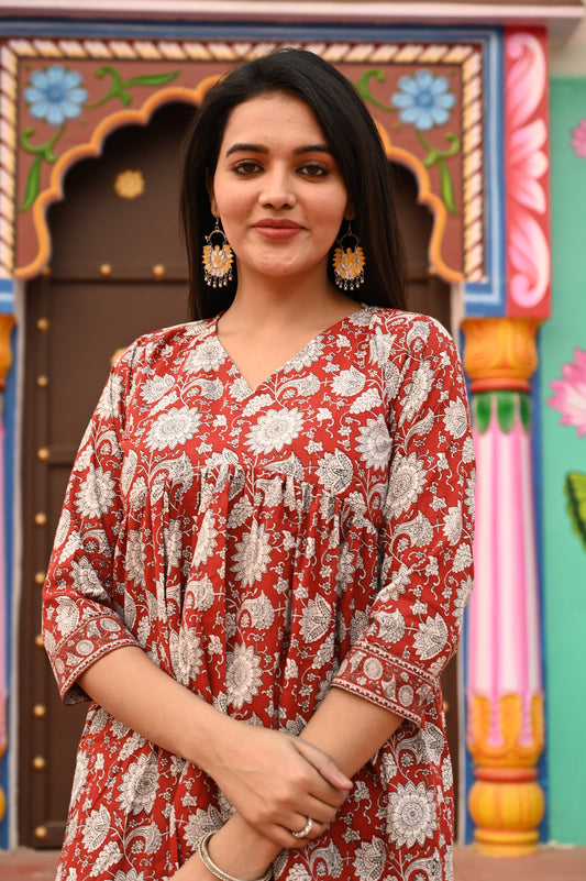 Floral Elegance – Red Handblock Cotton Peplum Kurti